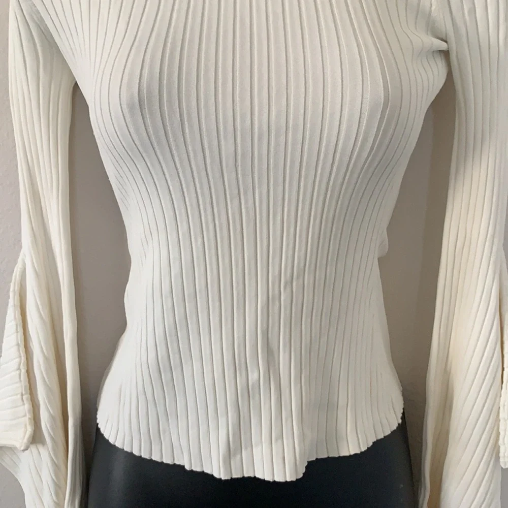 BCBG MaxAzria Gardenia Cream Stevie Ribbed Off The Shoulder Bell Sleeve Sweater - Picture 9 of 13